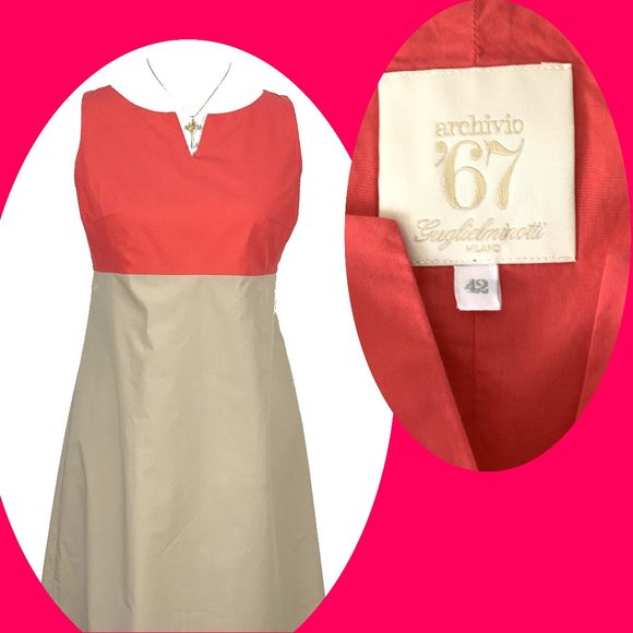 Guglielminotti Archivio '67 Italy Designer Red & Tan Cotton A-Line Dress Sz 6-8 - Picture 2 of 16